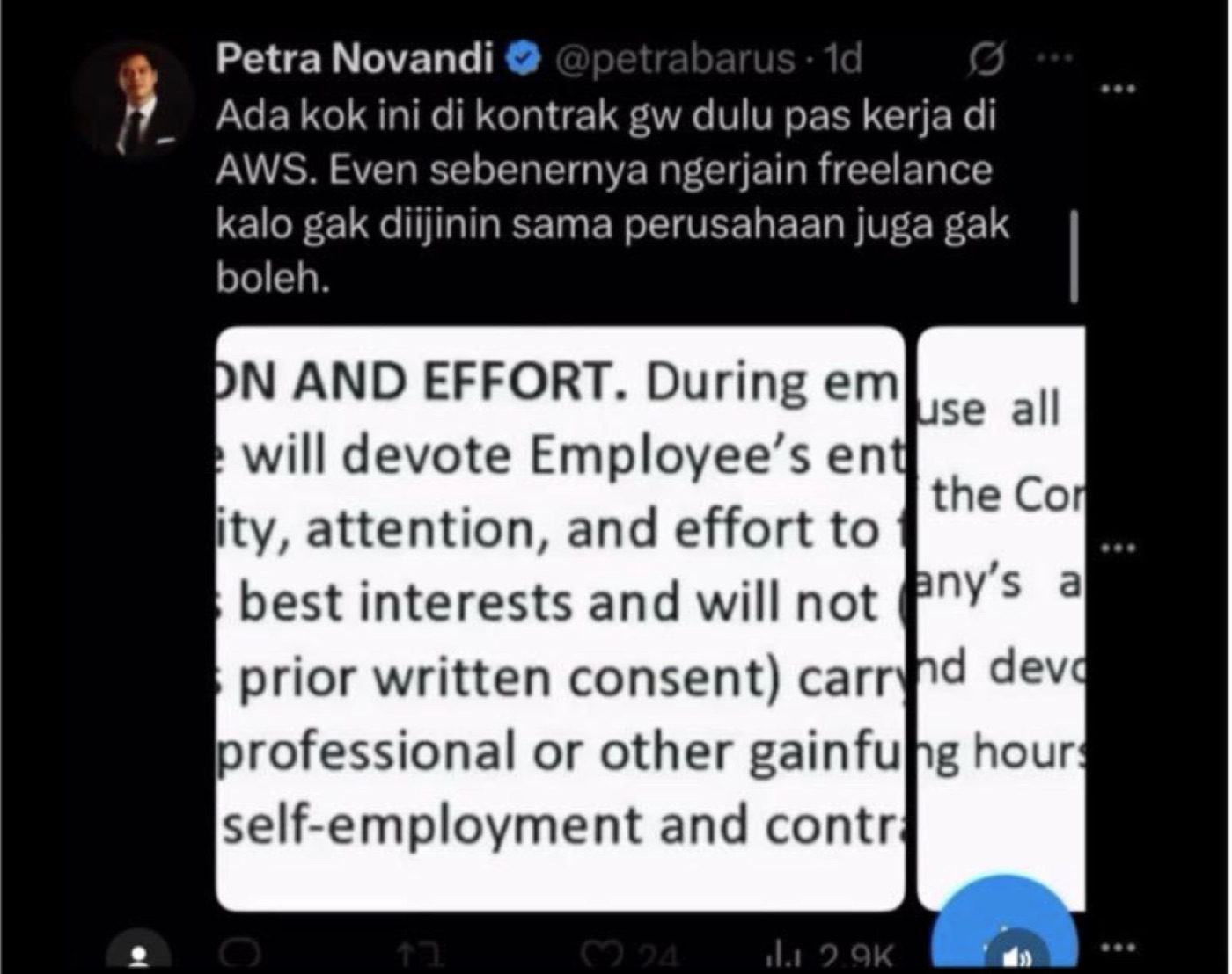A post by Petra Novandi about a clause in his own AWS contract