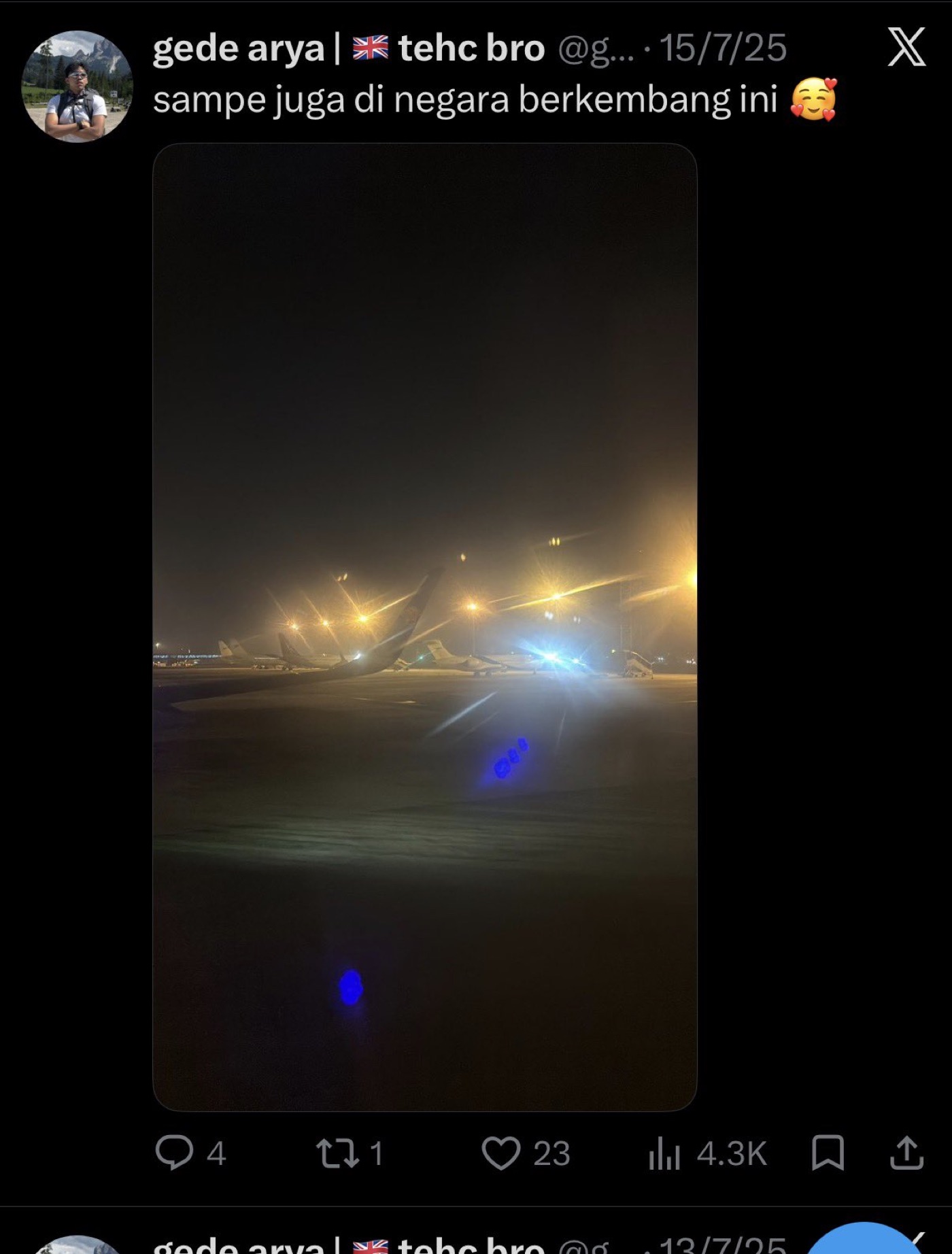 His X post of 15 July 2025, a night photo at an airport