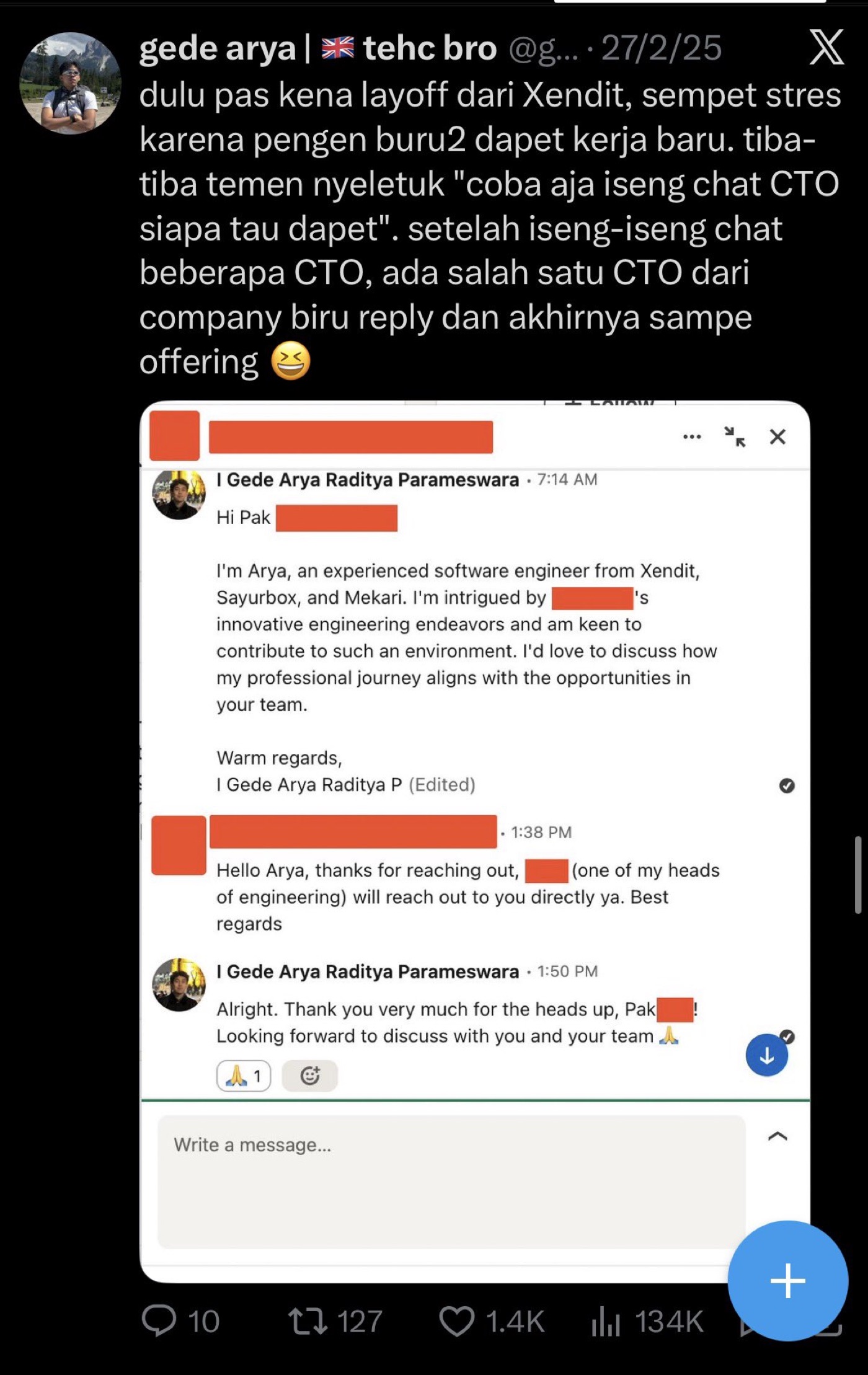 His X post of 27 February 2025 about his layoff and a redacted LinkedIn exchange