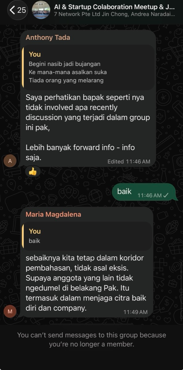 The group chat showing Anthony Tanner's and Maria Magdalena's messages and the "no longer a member" notice