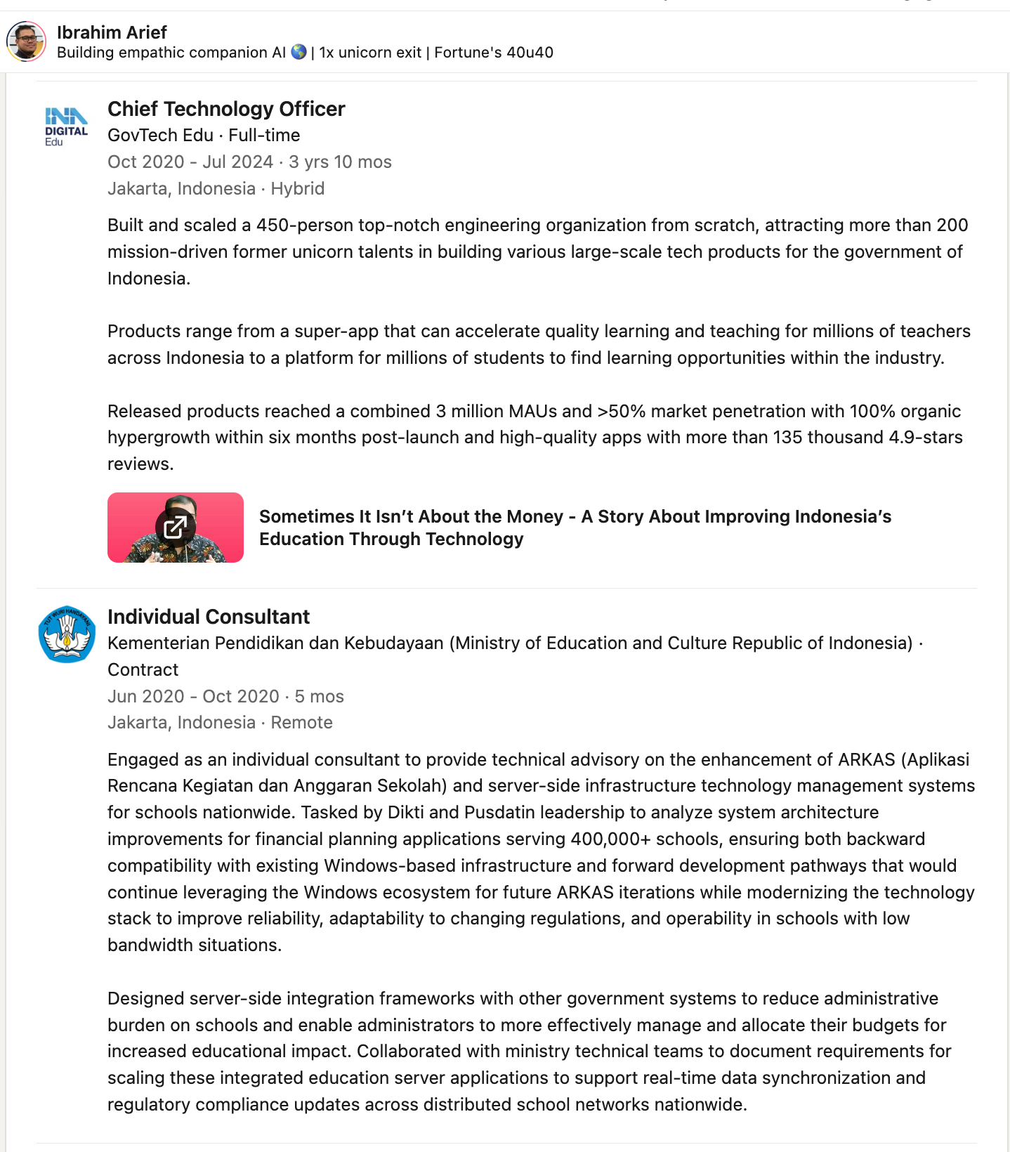 Ibrahim Arief's LinkedIn work history