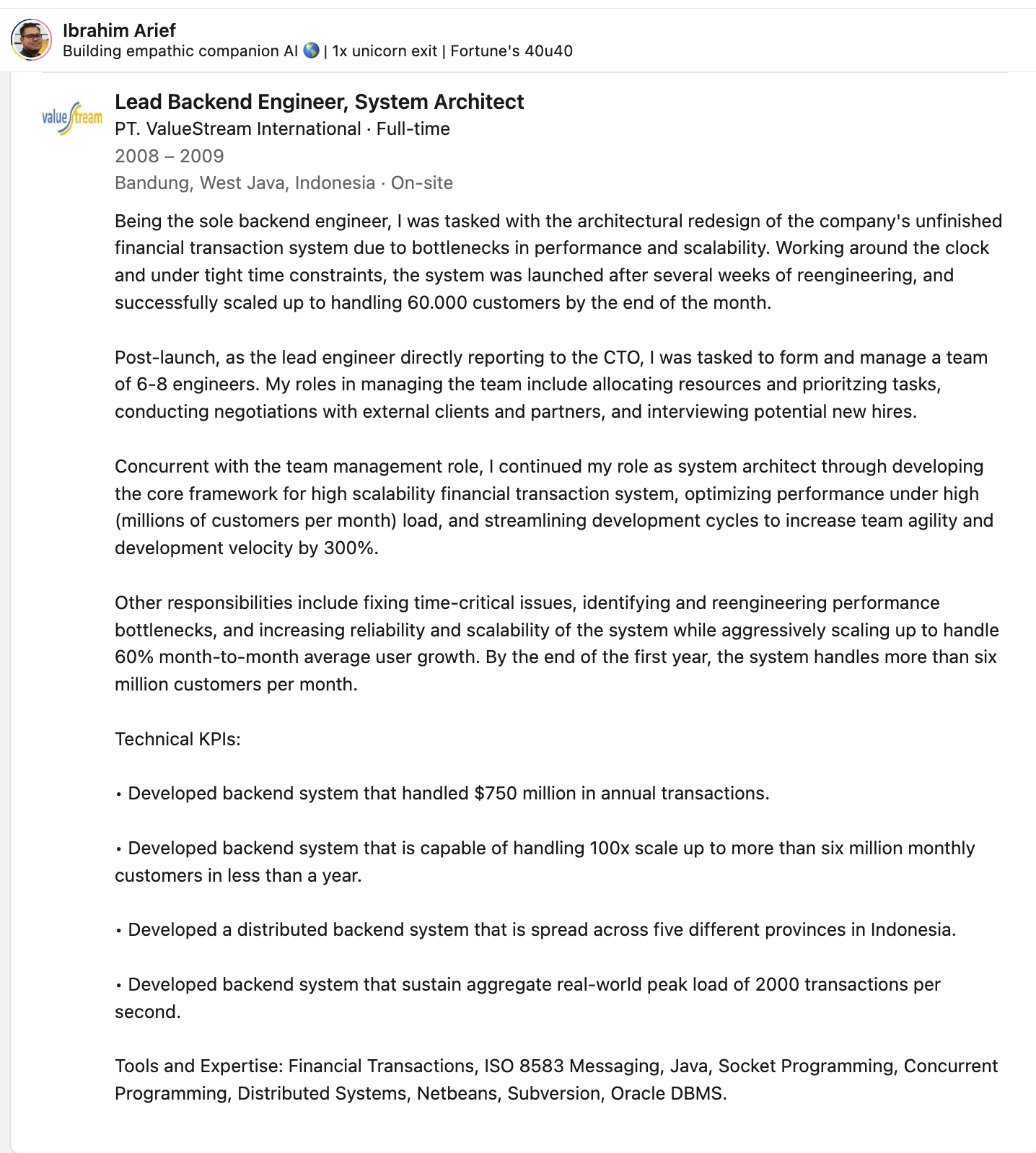 ValueStream experience