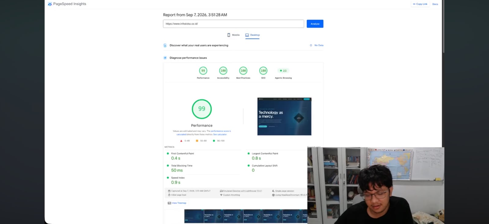 PageSpeed Insights, infraloka.co.id, desktop: 99/100