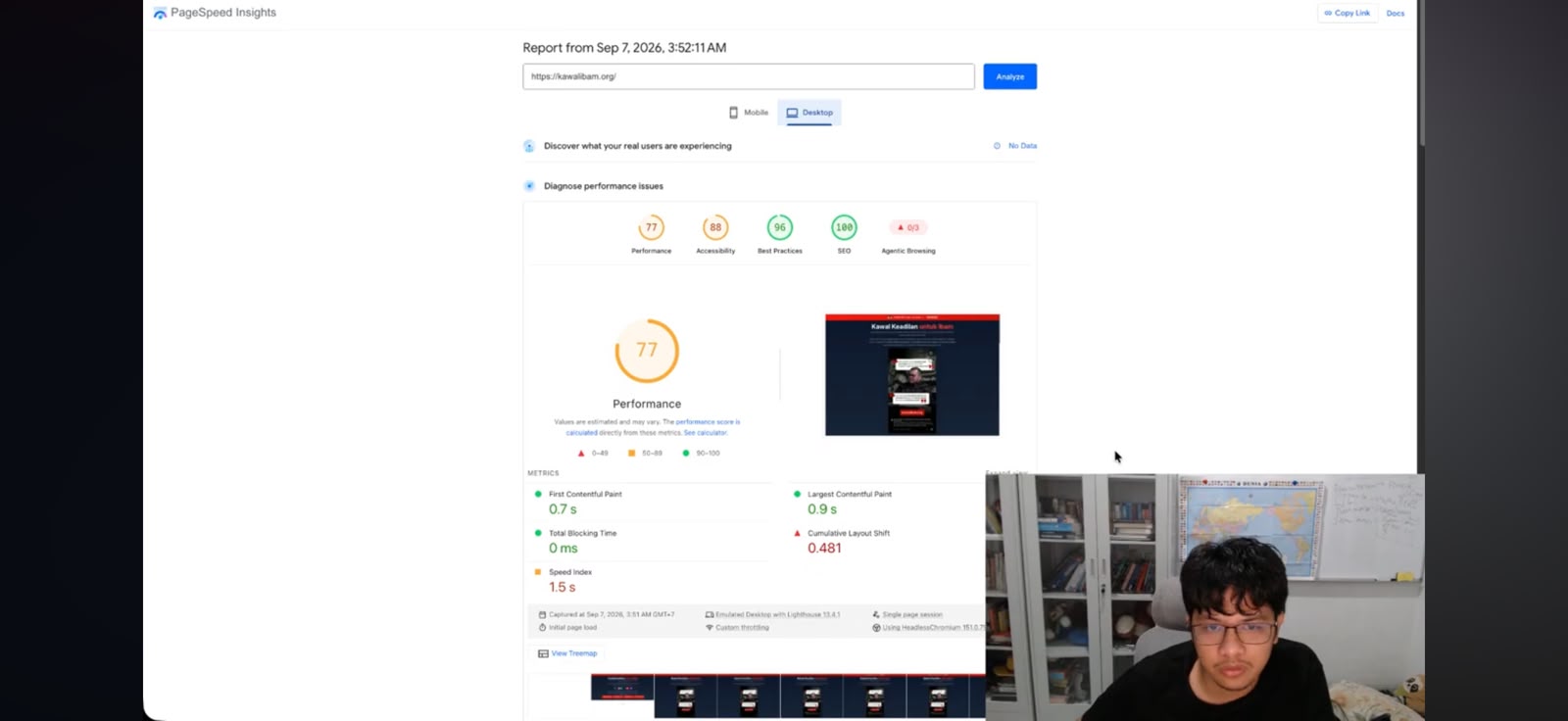 PageSpeed Insights, kawalibam.org, desktop: 77/100