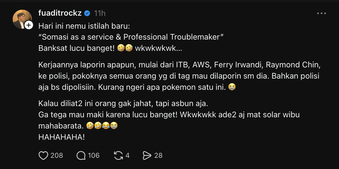 Post by @fuaditrockz around 18:00 on 12 October 2026