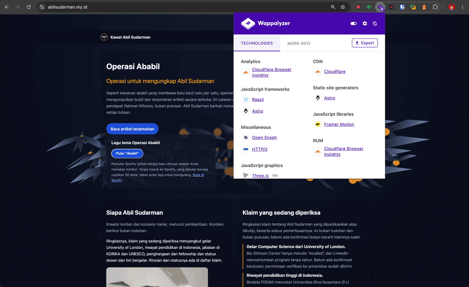 Wappalyzer showing the technologies detected on abilsudarman.my.id