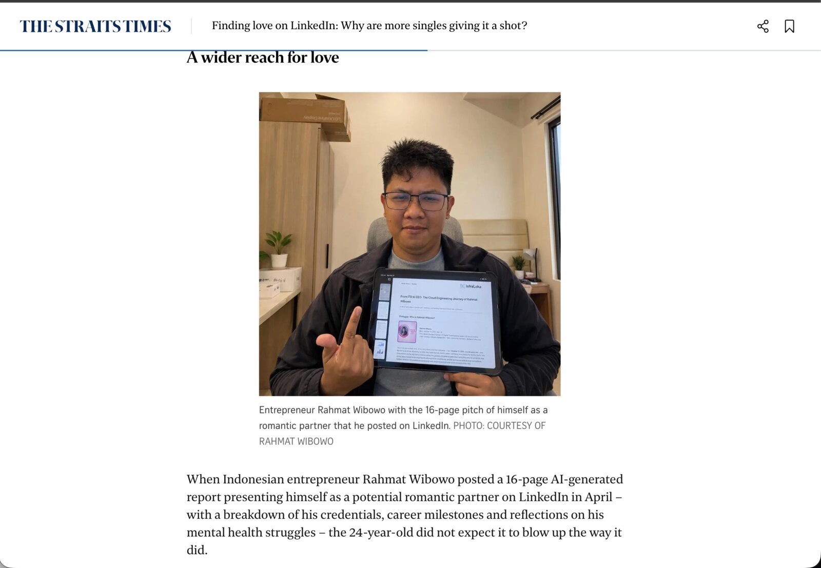 The Straits Times, "Finding love on LinkedIn: Why are more singles giving it a shot?", with a photo of Rahmat Wibowo and a printout of a 16-page report