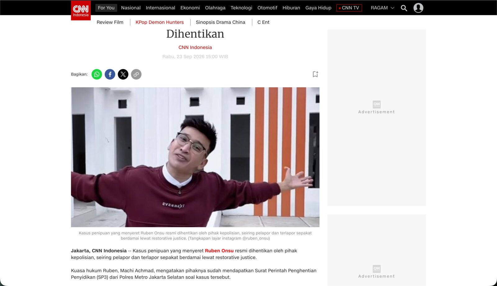 CNN Indonesia, 23 September 2026: "Dihentikan", on the case involving Ruben Onsu
