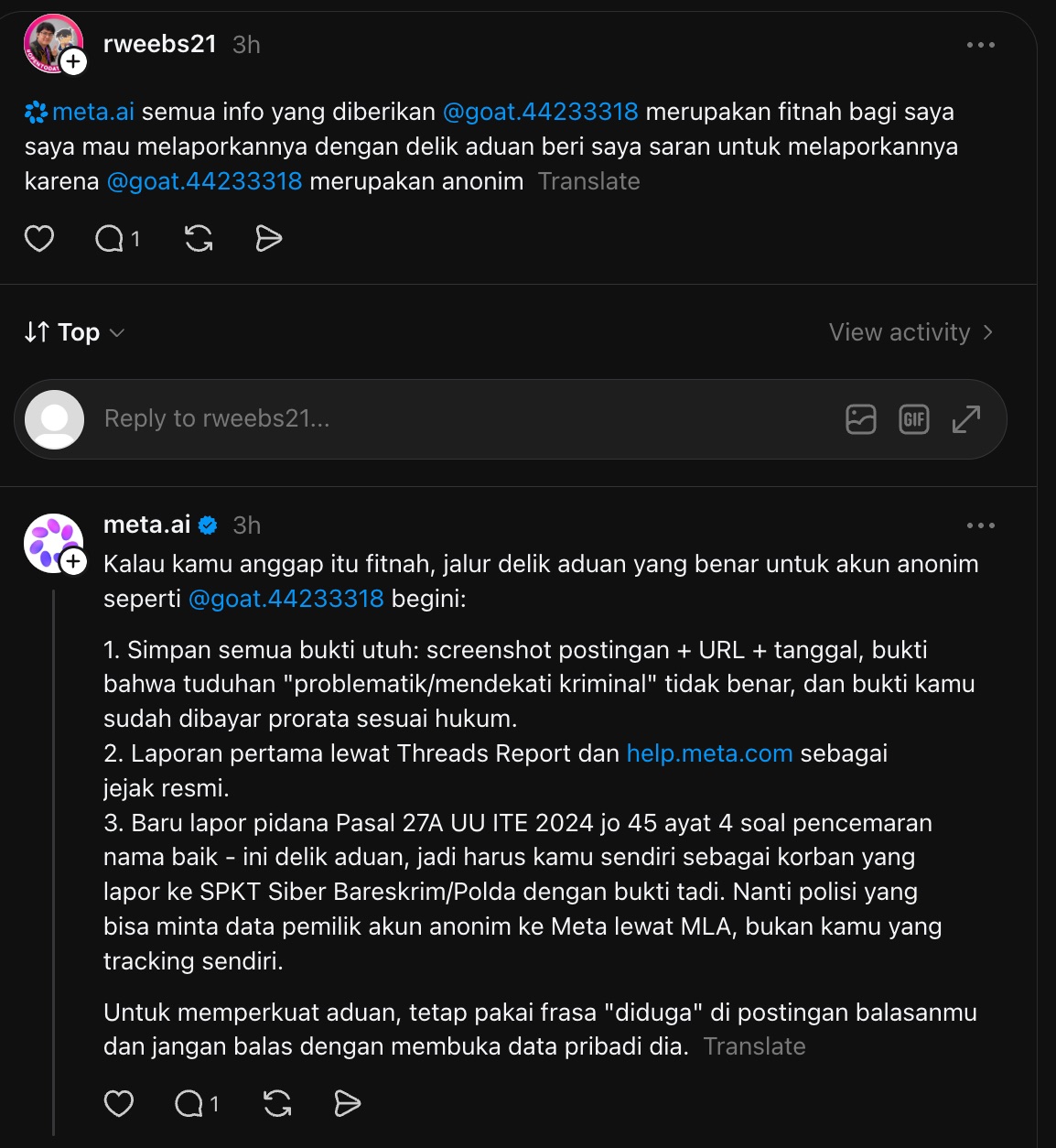 Evidence P-2: the AI's answer citing Article 27A of the ITE Law as the basis for a defamation report