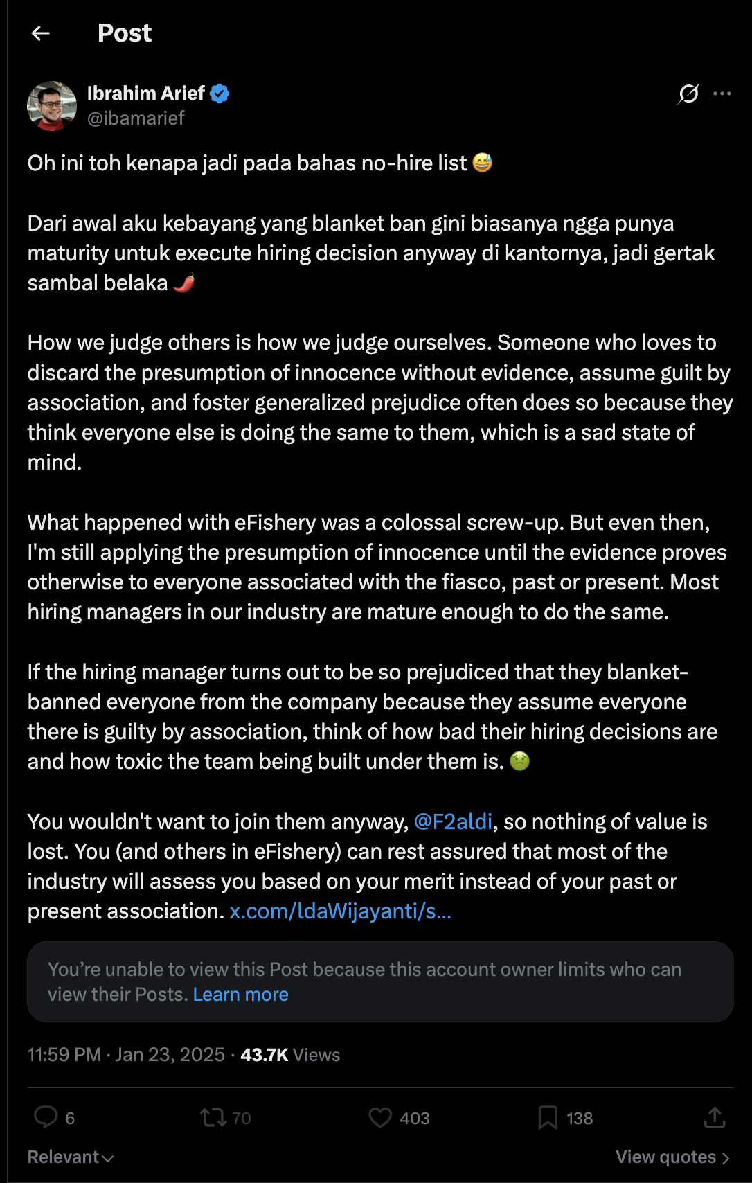 E24 screenshot: presumption of innocence and blanket ban