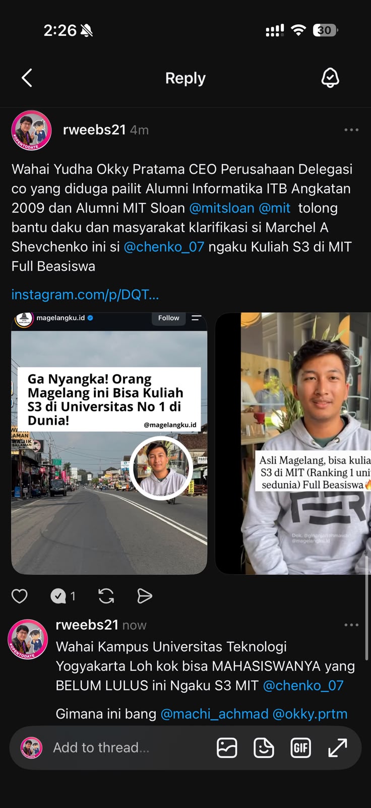 Instagram post from @magelangku.id titled "Ga Nyangka! Orang Magelang ini Bisa Kuliah S3 di Universitas No 1 di Dunia!"