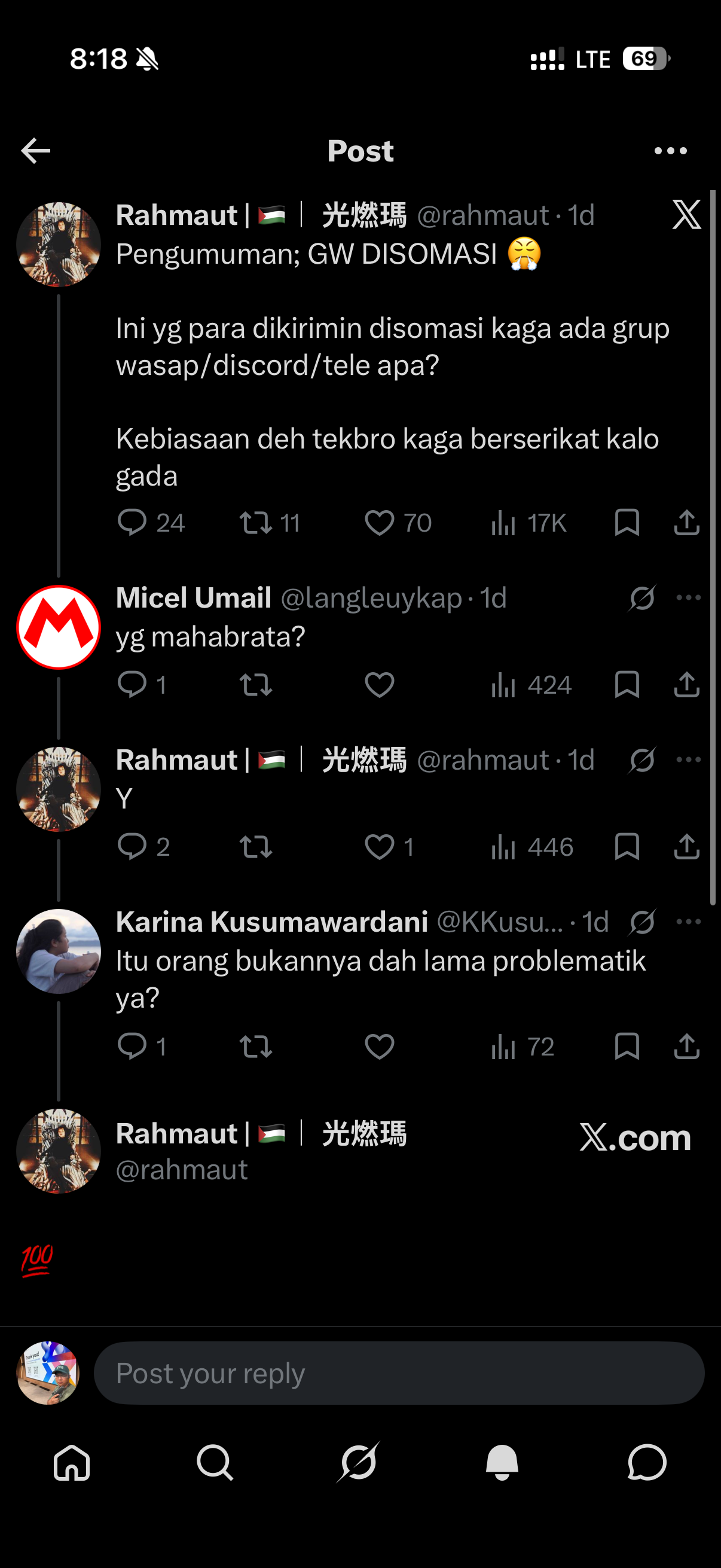 Replies under her announcement, including "Itu orang bukannya dah lama problematik ya?" and "Yg mahabrata?", answered "Y"