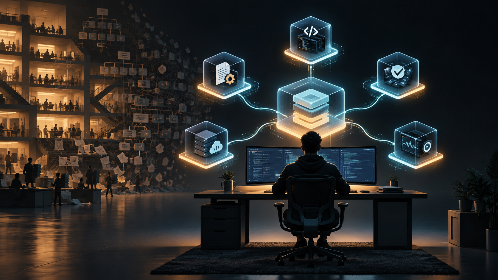 A single engineer orchestrating a compact system of AI agents while a coordination-heavy organization recedes into the background