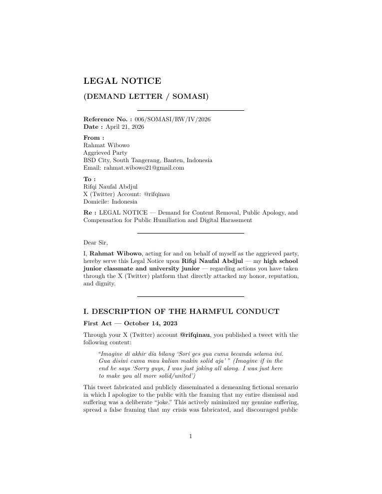 Case record: Legal Notice No. 006/SOMASI/RW/IV/2026, Rifqi Naufal Abdjul