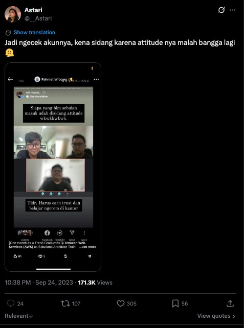 Screenshot of a post from the X account @__Astari dated 24 September 2023, quoting a post of mine, with 171.3K views