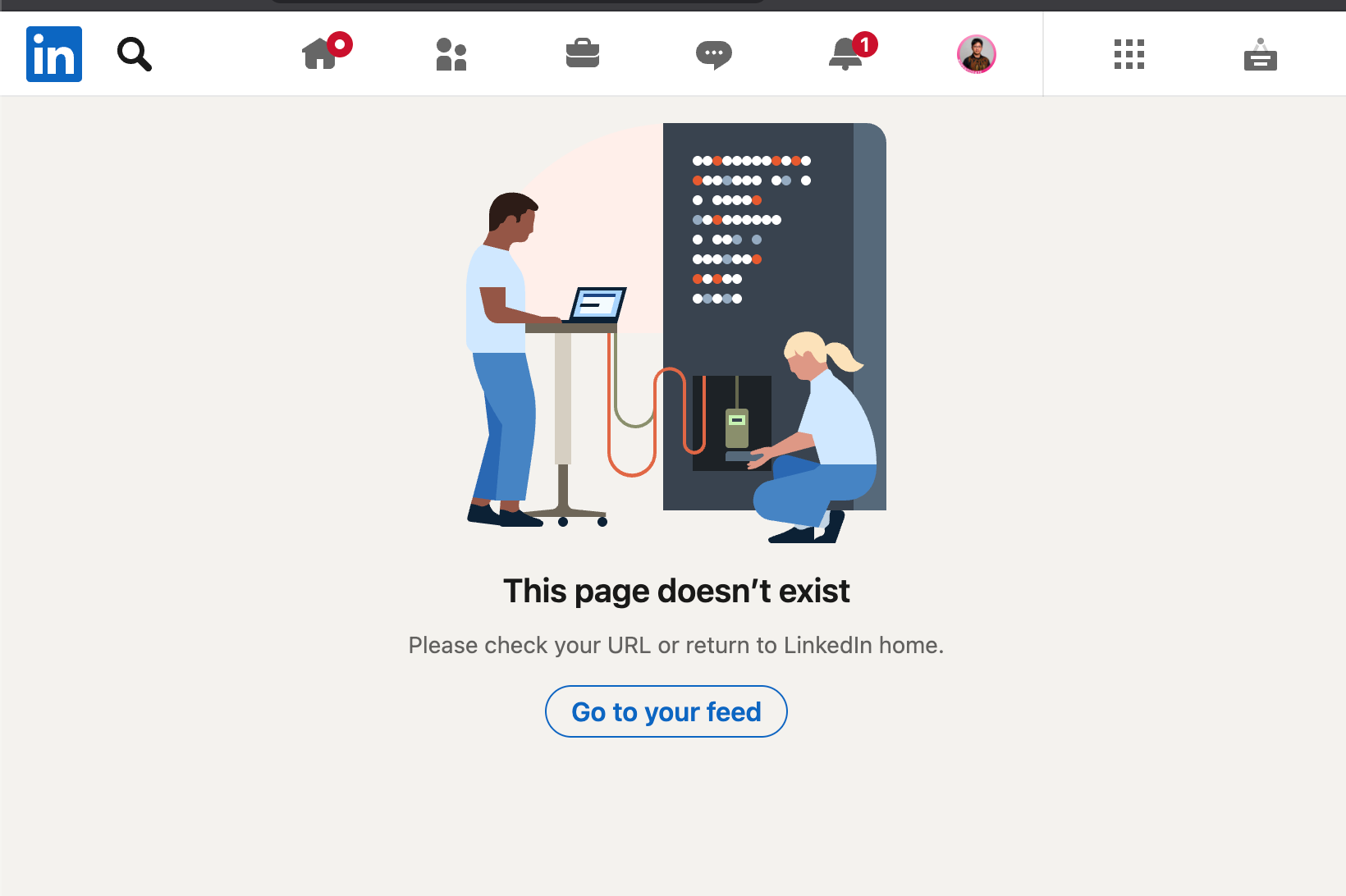 Screenshot of a LinkedIn page showing "This page doesn't exist", documented as Evidence E-5