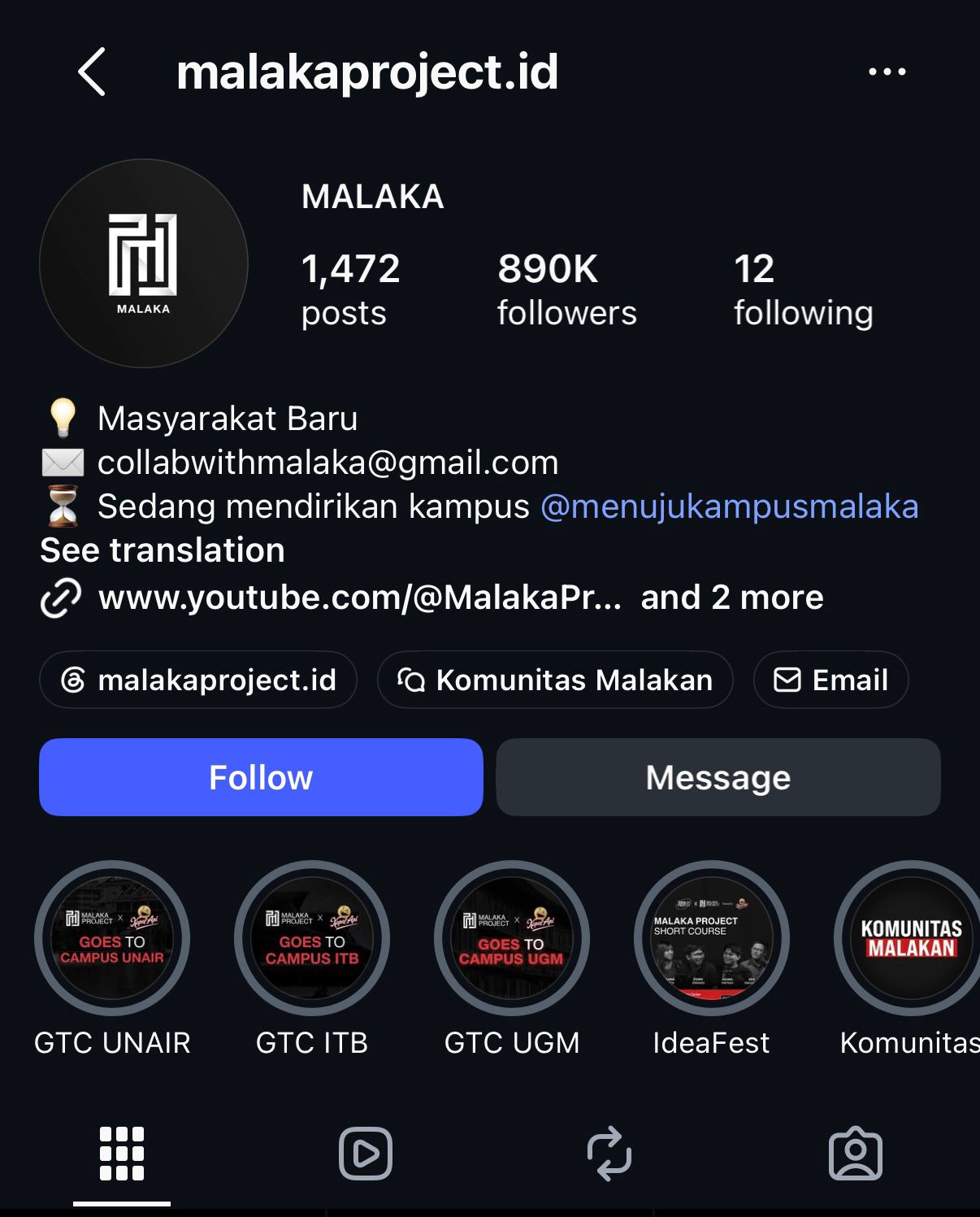 Screenshot of the Instagram profile @malakaproject.id, about 890,000 followers