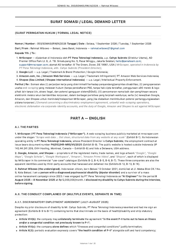 Case record: Legal Notice No. 050/SOMASI/RW/IX/2026, addressed to MrScraper, attn. Cahyo Subroto