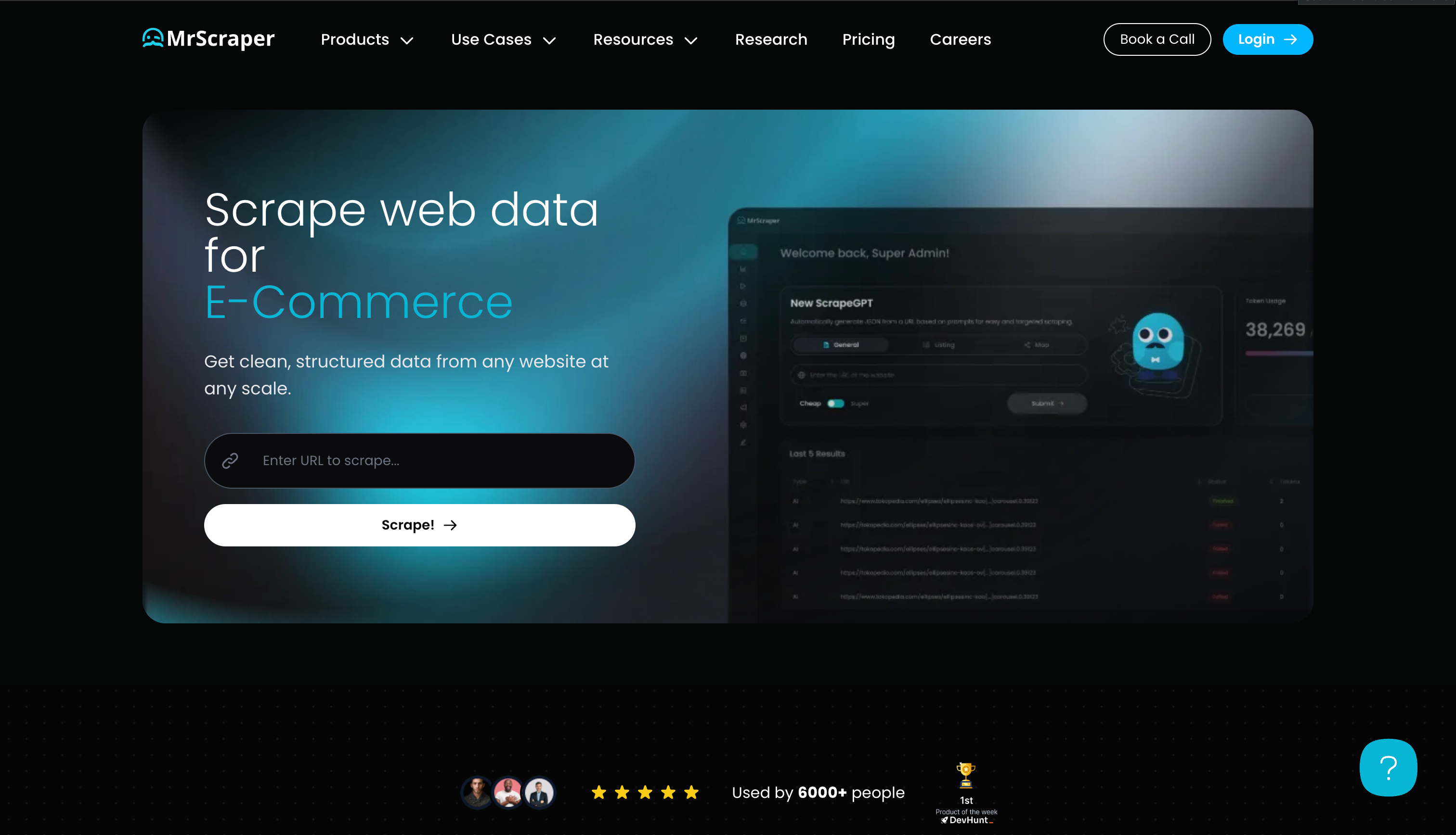 Annex image 1: the mrscraper.com home page, "Scrape web data for E-Commerce"