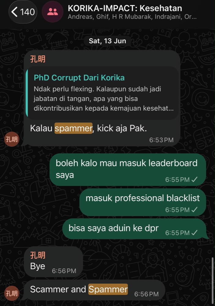WhatsApp group capture showing “spammer,” “Bye,” and “Scammer and Spammer” messages
