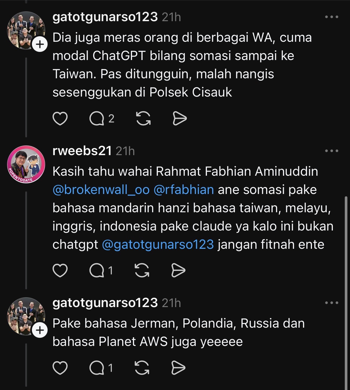 Threads exhibit 05: further extortion allegation and multilingual reply