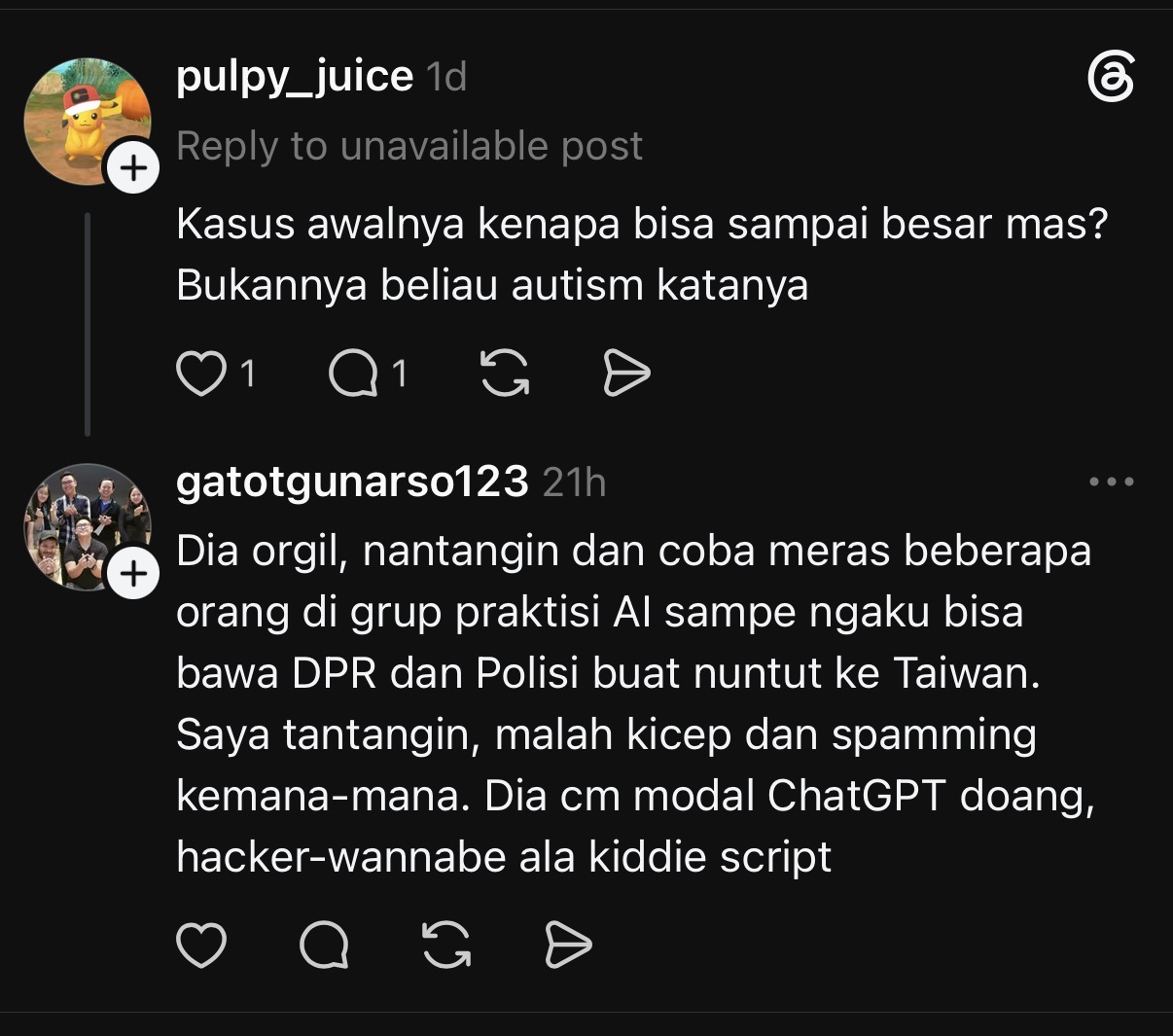 Threads exhibit 19: autism question and repeated allegation