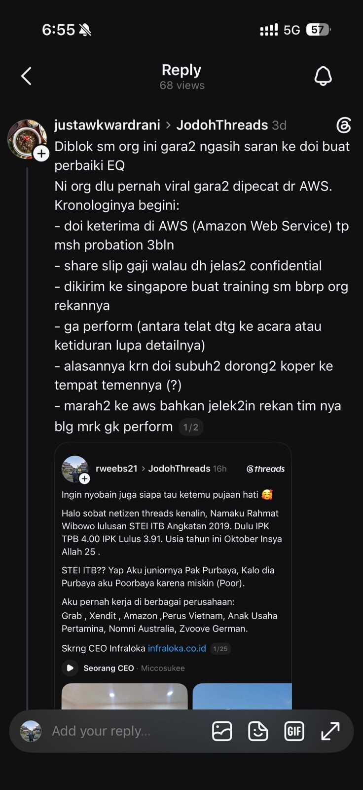 Evidence A-3: a Threads thread by another account containing an unfounded accusation about my dismissal from Amazon Web Services