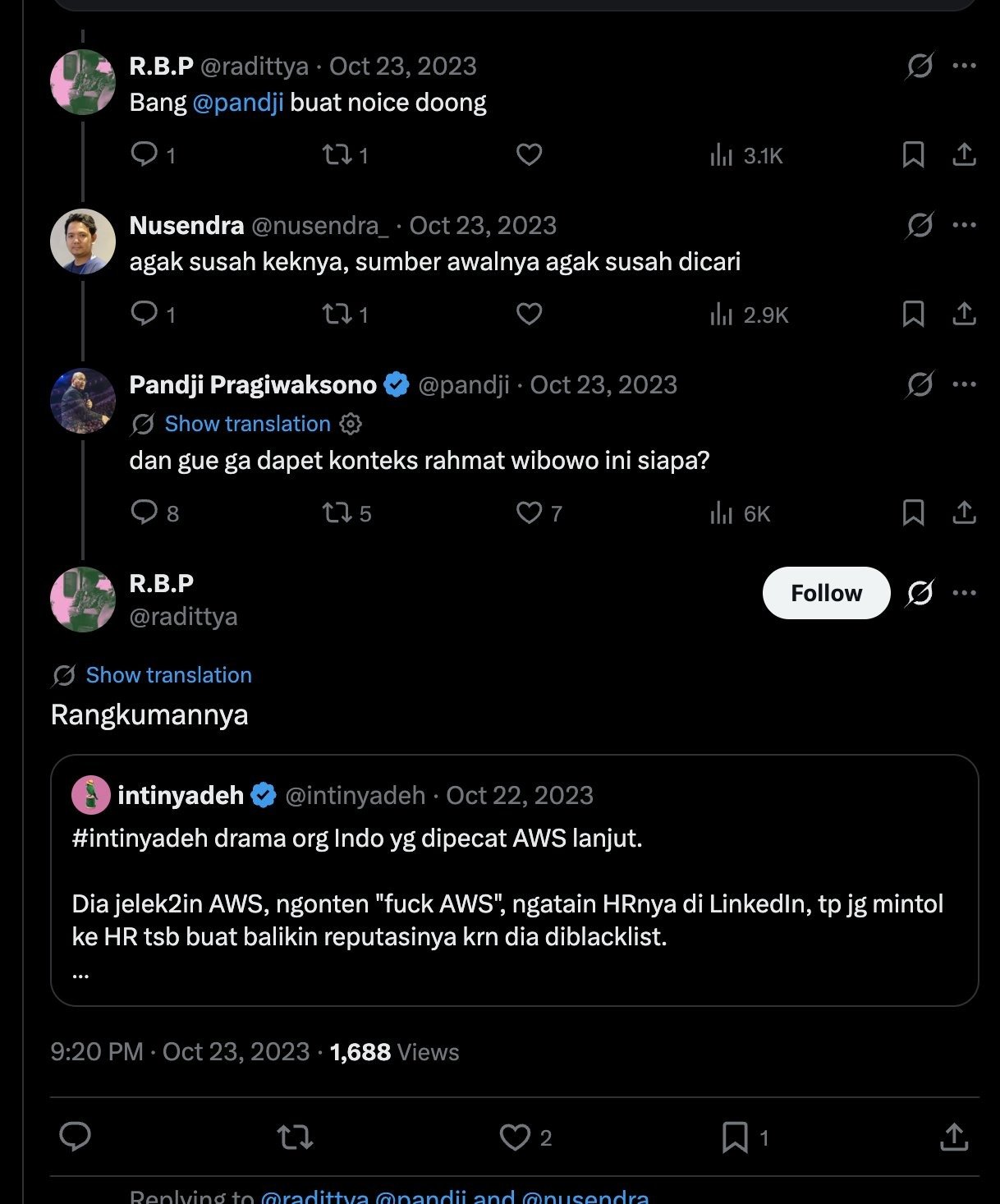 Evidence E-1: post of 23 October 2023 quoting the summary and the exchange with the verified account