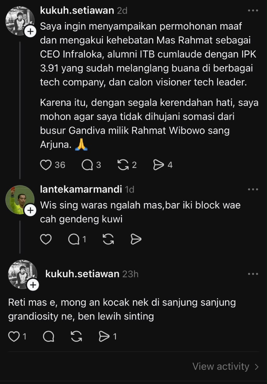 Evidence E-1: the sarcastic "apology" post and the replies beneath it