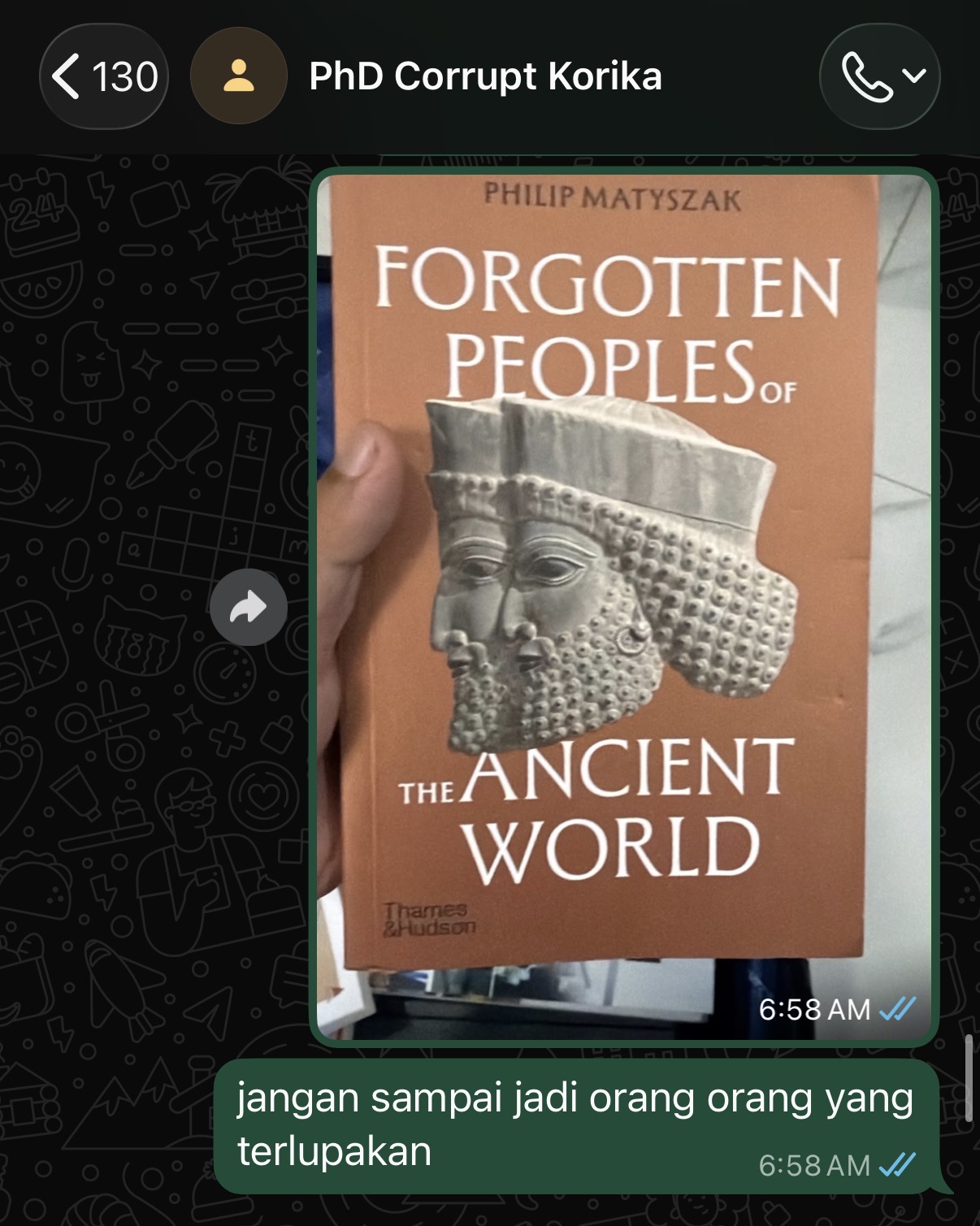 Chat warning against becoming forgotten, with a Roman-history book