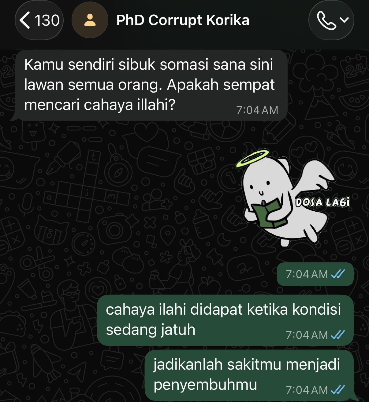Chat connecting legal notices, hardship, and divine light