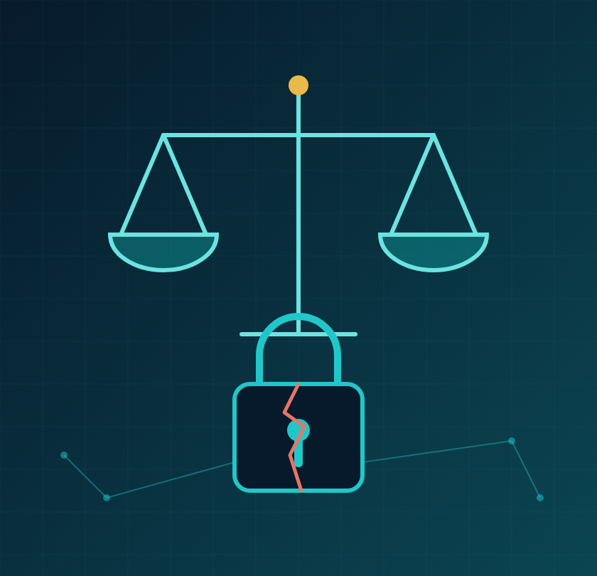 Cover illustration: scales of justice above a cracked padlock